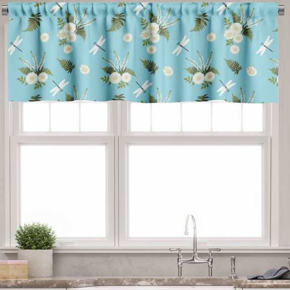 Ambesonne Floral Valance Pack of 2, Vintage Daisies Dragonflies, 54"X12", White Green and Blue