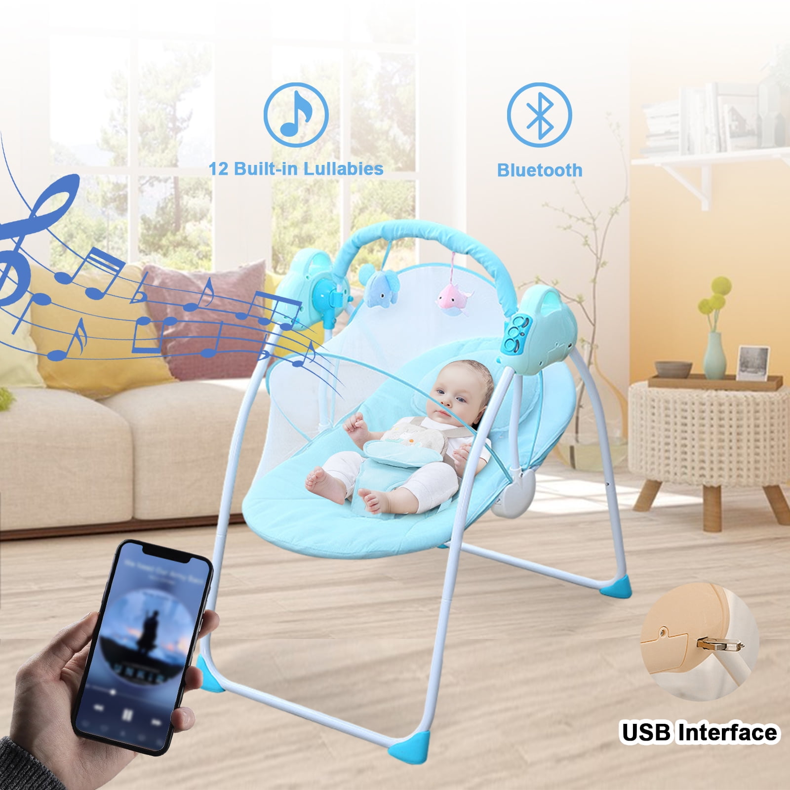 JieC Electric Baby Swing with Toy, Unisex, Suitable for Newborns From 0-36 Months,Blue