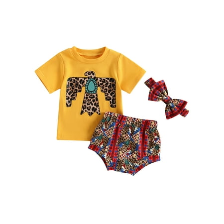 

xingqing 3Pcs Summer Baby Girl Clothes Sets Infant Newborn Short Sleeve T-Shirt Tops Short Pants Headband Clothing Outfit Yellow