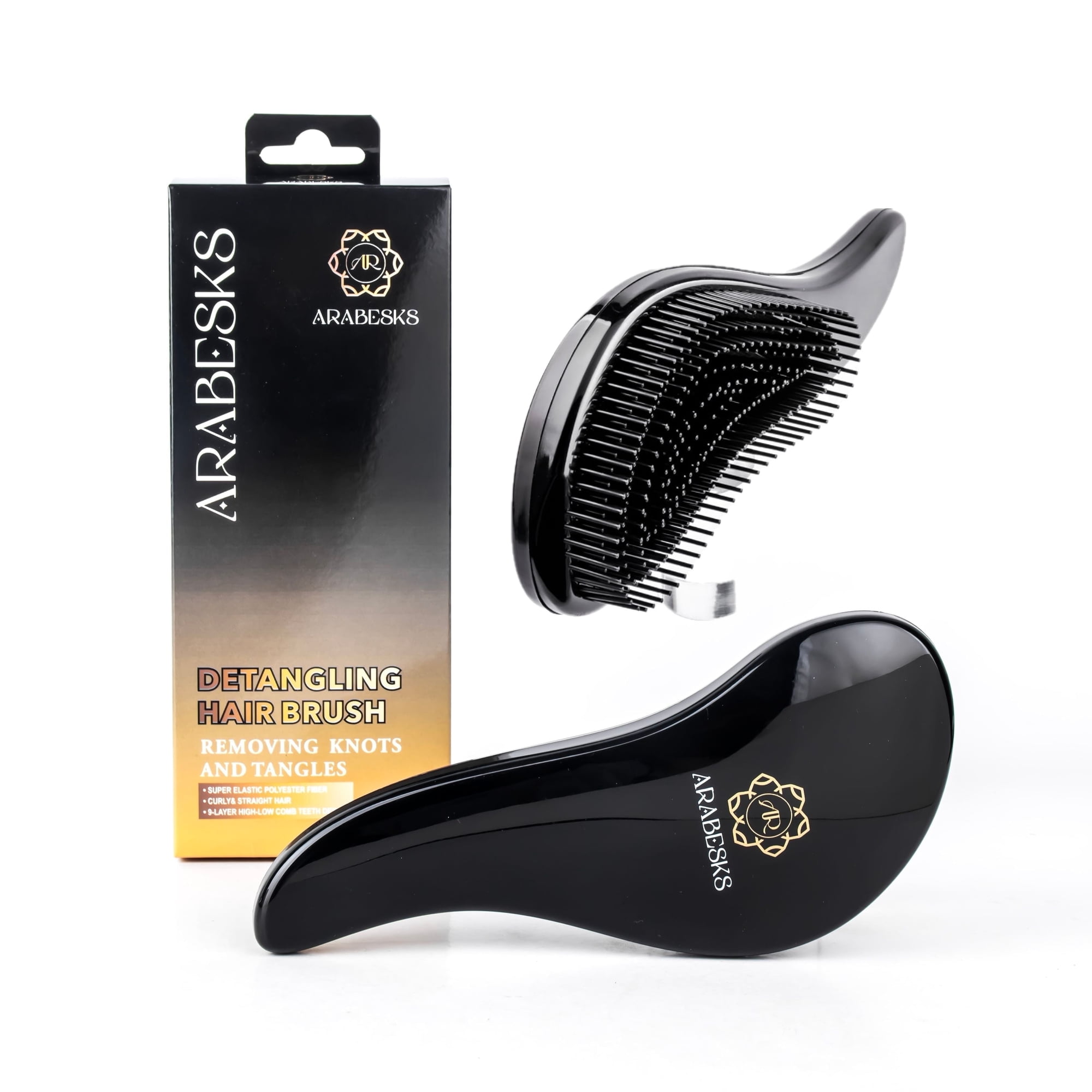 ARABESKS S-Shape Detangling Hair Brush for All Hair Types Long Handle Anti-Slip Grip Black