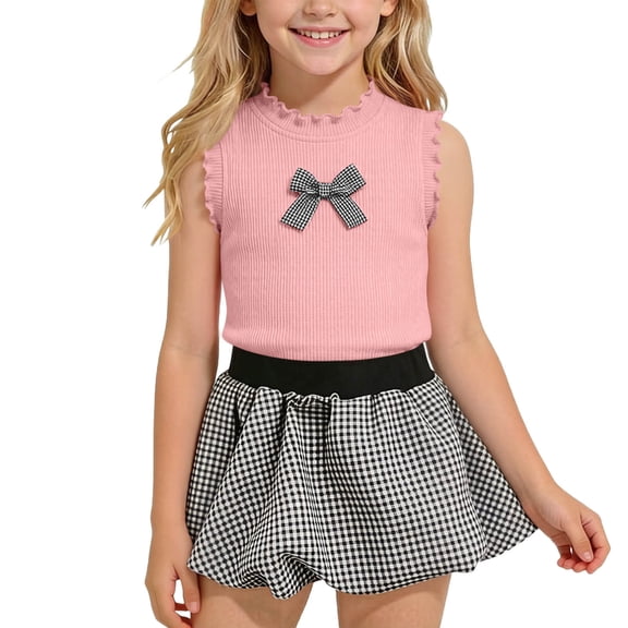 NAISIBABY Girls Outfit Sets, Ruffles Tank Tops & Plaid Bubble Skirt 2-Piece Kids Summer Cute Fashion Clothes Pink Size 8