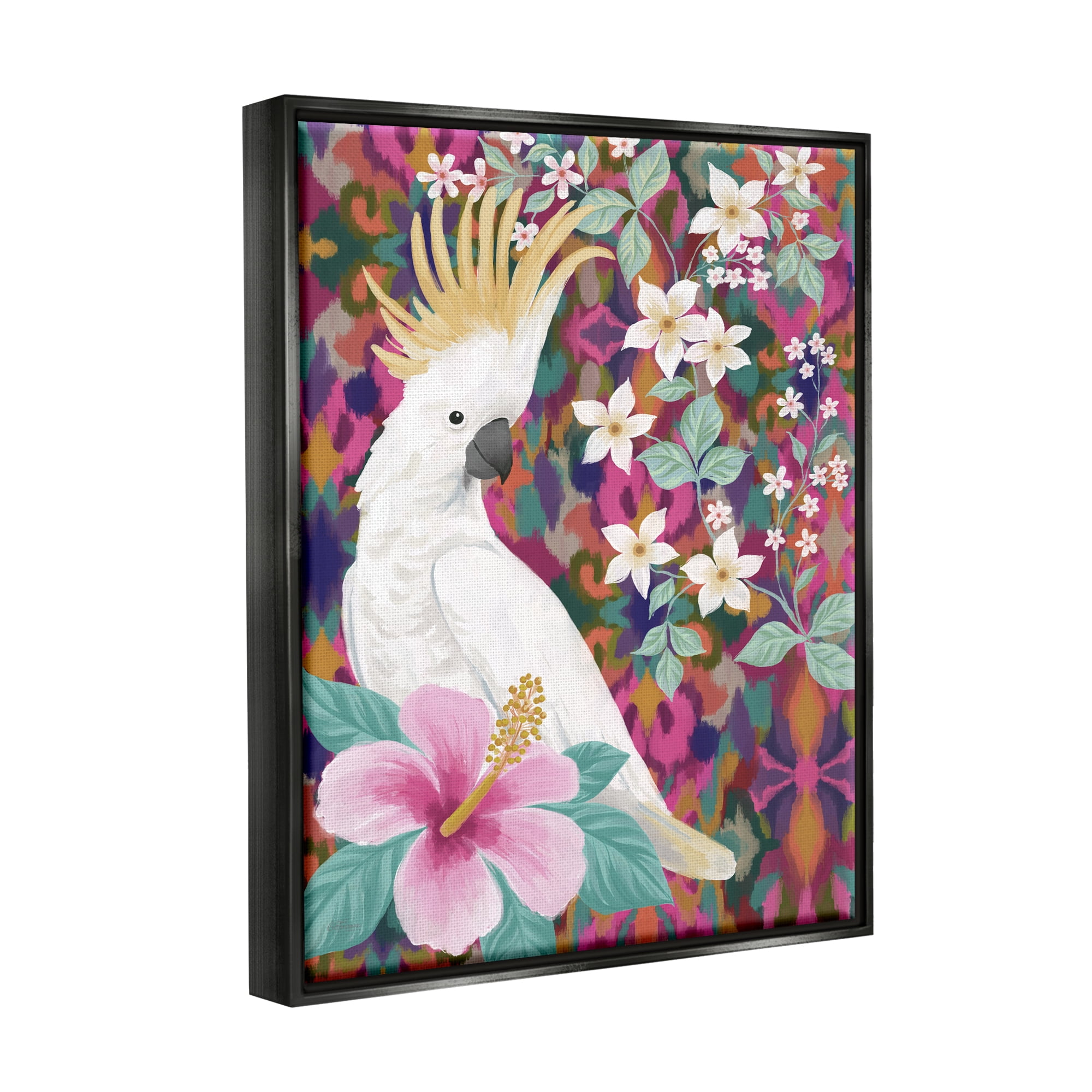 Stupell Industries Cockatoo with Floral Hibiscus Animals & Insects Painting Black Floater Framed Canvas Art Print Wall Art, 25 x 31
