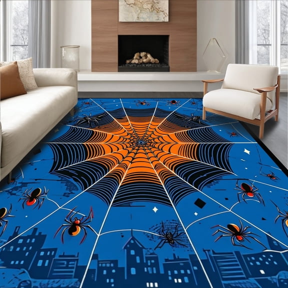 ODIKA 4'x6' Machine Washable Non-Slip Area Rug, Round Spider Web for Boys Engaging Game Playrooms High Traffic Rug, Blue, 88623