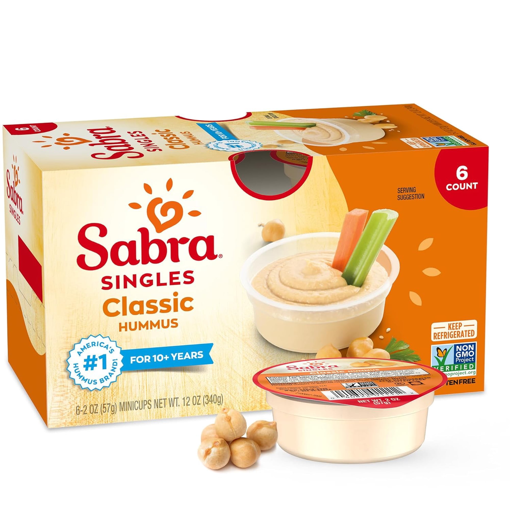 Sabra Singles Classic Hummus Dip, Non-GMO, Gluten Free, Vegan On-the-Go Hummus Spread, 2 oz Cup (6 Count)