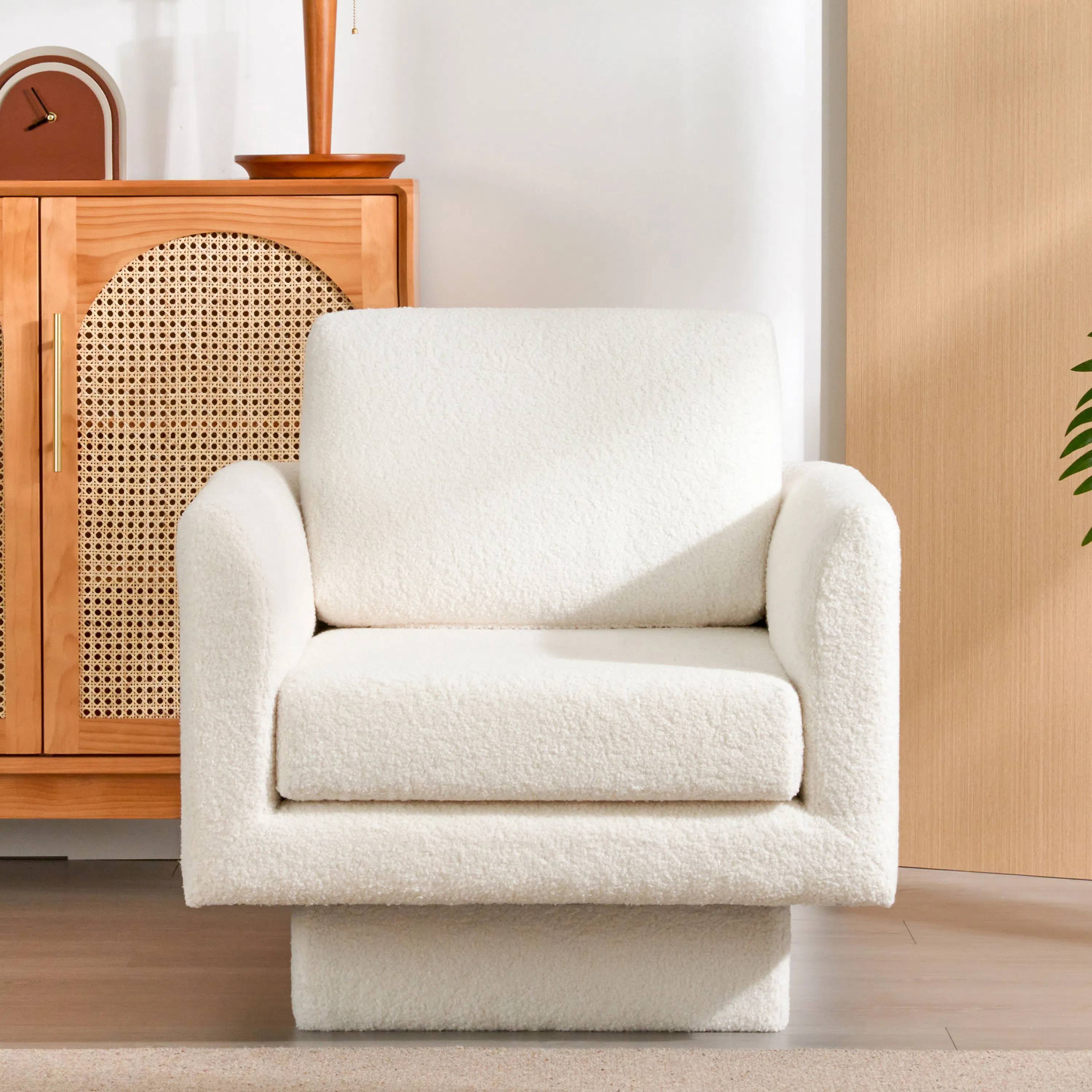 EUROCO 30" W Oversized 360° Swivel Accent Chair,Comfy Round Armchair with Teddy Sherpa Fabric,Solid Wood Frame and Upholstered Deep Seat,Thick Padded Arm Chair for Living Room/Nursery/Bedroom,Cream