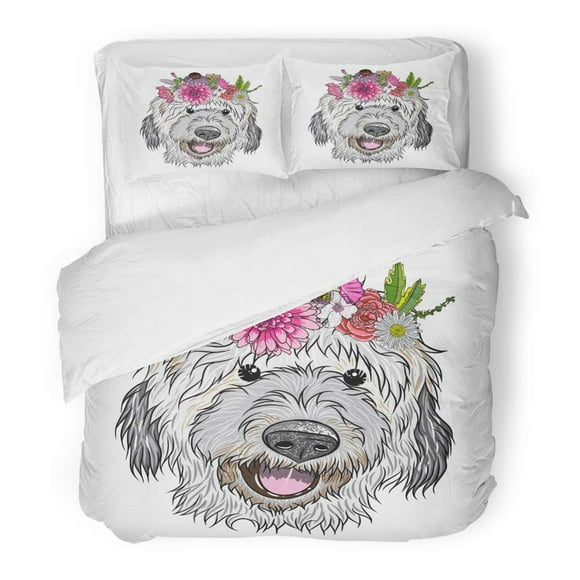 RYLABLUE 3 Piece Bedding Set Small Cute Labradoodle Puppy Girl Wearing Exotic Floral Wreath Friendly Doggy Twin Size Duvet Cover with 2 Pillowcase for Home Bedding Room Decoration
