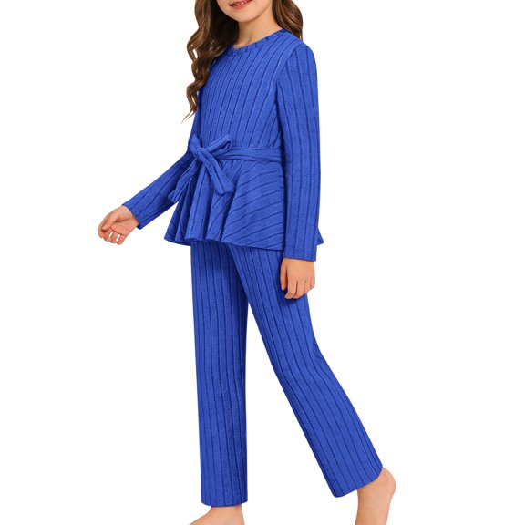 CPNG Girls Clothes Rib-Knit Outfit Ruffle Sleeve Shirt with Belt 3Pcs Straight Wide Leg Pant Set Teen Girls Fashionable Casual Dress Set(Blue,10-11 Years)