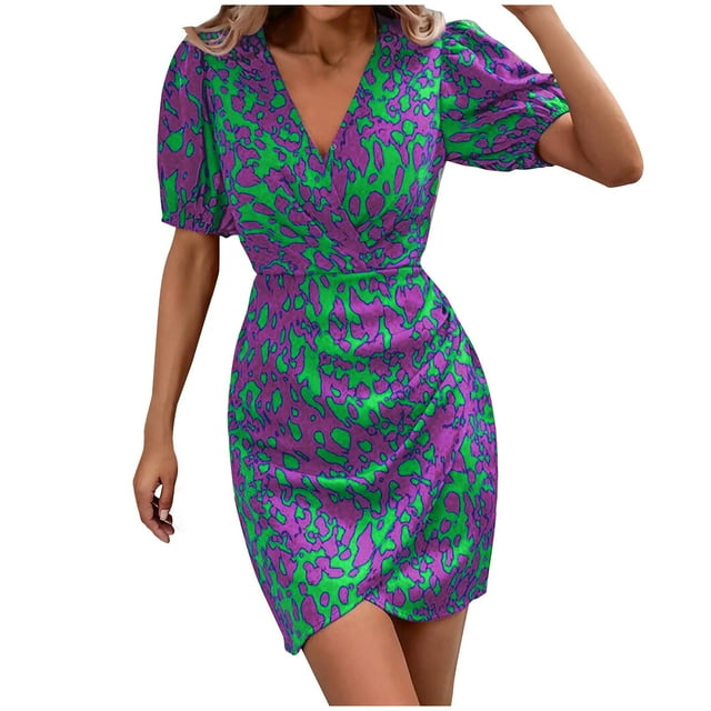 Robes Courtes pour Femmes Été Femmes à Manches Courtes Imprimé Col en V Taille Jusqu'au Genou Robe Décontractée Mode Robe Courte d'Été pour Femmes Robe à Manches Courtes pour Femmes Robe Courte pour Femmes Été