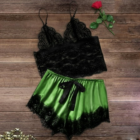 Sentmoon Sexy Lingerie for Women Women Lace Satin Bra Camisole Sling Tops Shorts Pajamas Two Piece Set Women s Lingerie  Sleep & Lounge Valentines Day Gifts for Her Deals of the Day Clearance