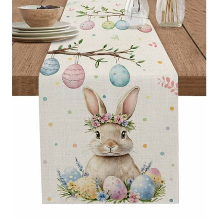

Table Runner Dresser Scarf 13 x 108 Inch Retro Easter Bunny Rabbit Spring Floral Colorful Eggs Table Runners Non-Slip Heat Kitchen Dining Table Decor for Indoor Outdoor Home Party Decoration