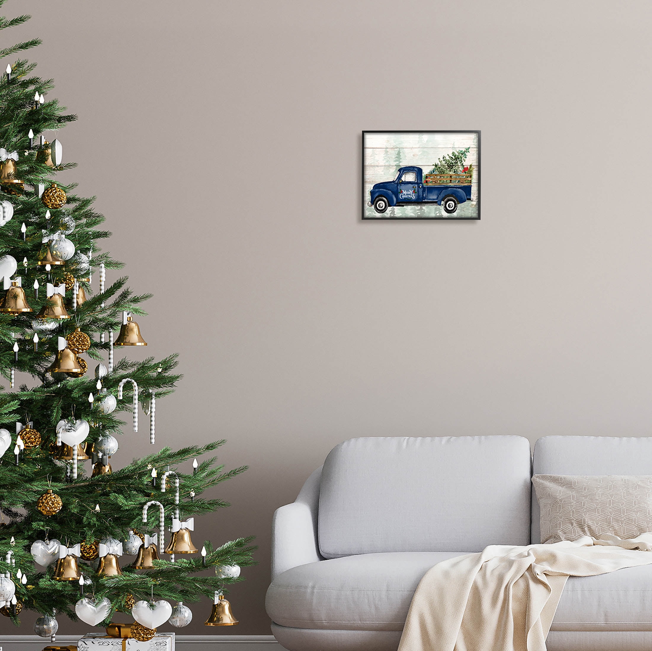 Stupell Industries Merry Christmas Blue Holiday Truck Graphic Art Black Framed Art Print Wall Art, Design by Kim Allen