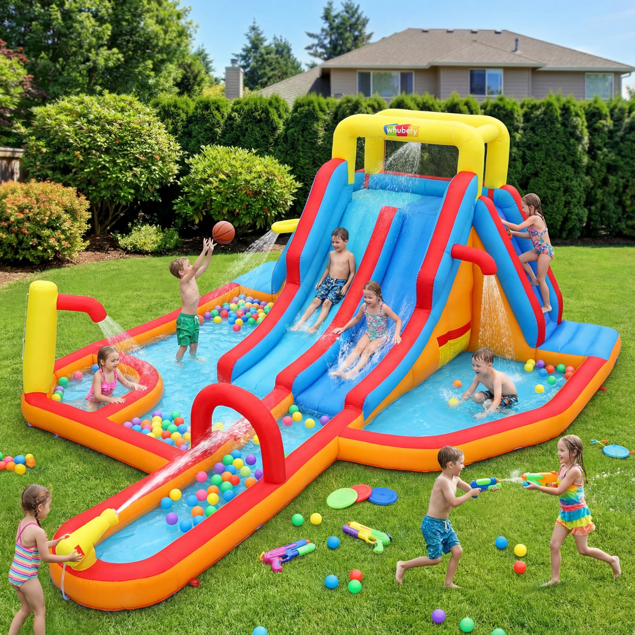 Veeboto Inflatable Water Slide with 620W Blower, Bounce House for Big Kids with Slide, Pool, Shower Area, Climbing Wall, Water Cannon, Basketball Frames, Inflatable Dual Slide for Outdoor & Indoor