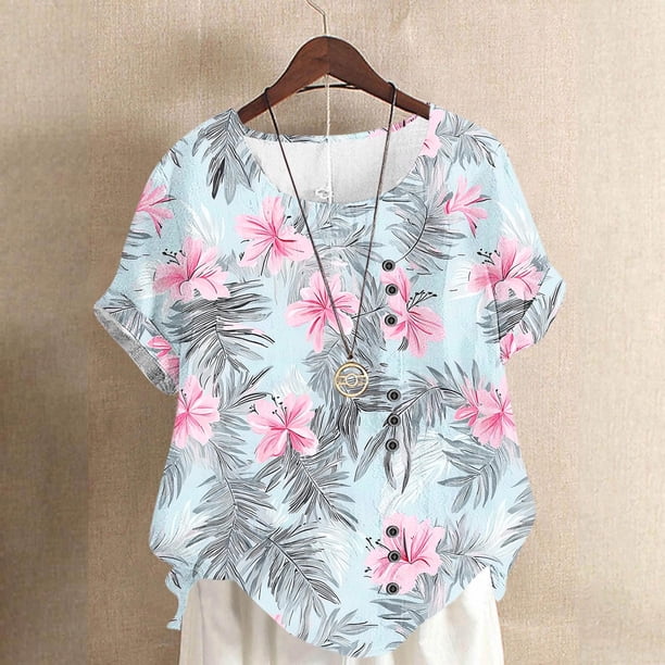 TaTaai Women's Round Neck Printed T Shirt Short Sleeve Button Detail Top Casual Loose Fit Blouse Non Positioning Print Linen Feel Soft for Summer Daily Gift
