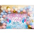 thumbnail image 4 of Fondo rosa y azul para fotografía de revelación de género de niño o niña, fondo con huellas de pies en azul y rosa, fondo con puntos brillantes, pancarta "¿Qué será el bebé?", decoraciones para, 4 of 5