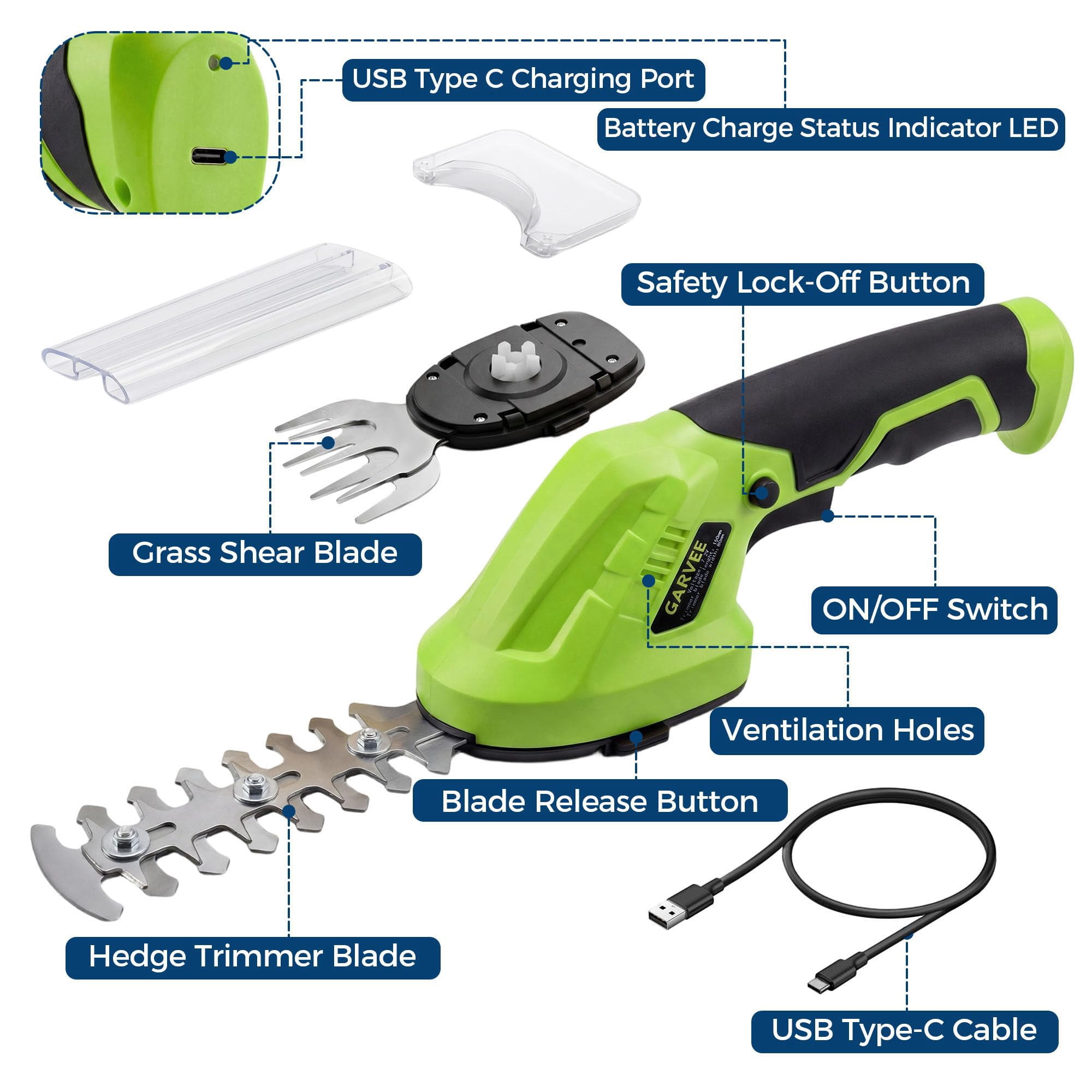 2-in-1 Wireless Hedge Trimmer & Grass Shear – 7.2V Electric Handheld Bush & Shrub Trimmer – Lightweight, Brushless, Dual Safety Switch, Type-C Charging – Black + Green 2290u