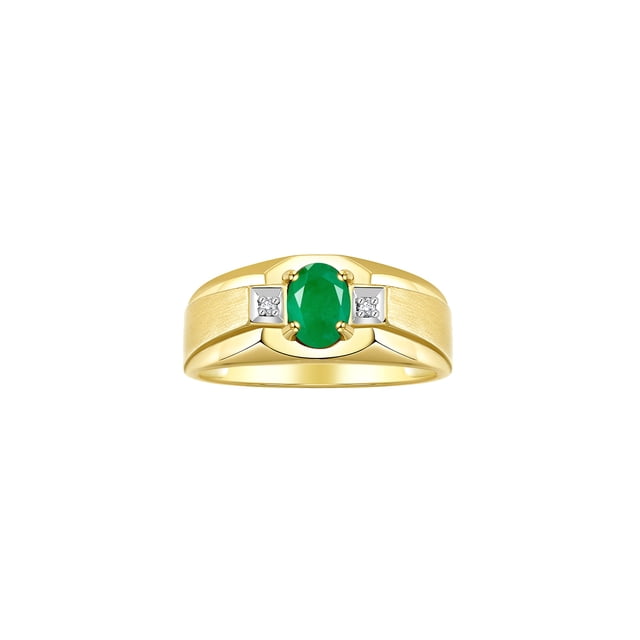 RYLOS Men's Rings 14K Yellow Gold Classic 7X5MM Oval Gemstone & Diamond Designer Ring Emerald May Birthstone Rings For Men, Gold Rings Size 12