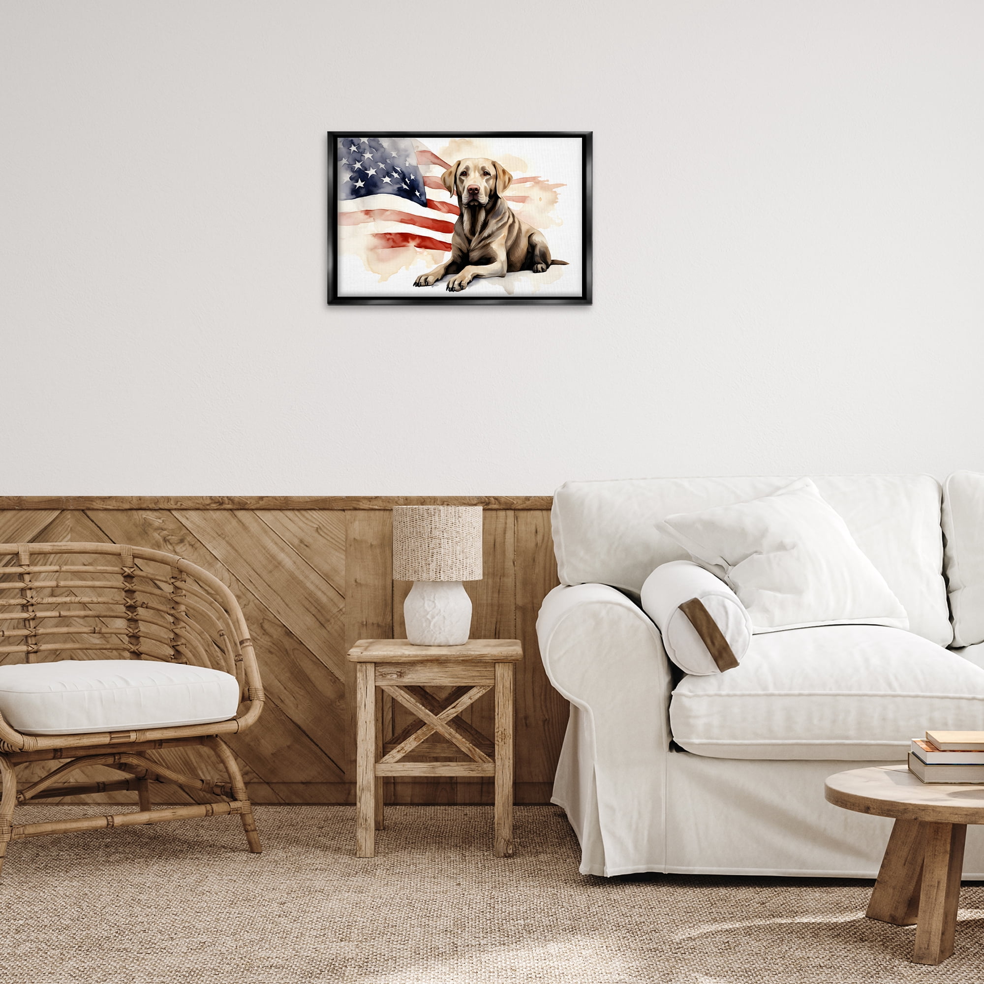Stupell Industries Patriotic Dog with Flag Animals & Insects Painting Black Floater Framed Canvas Art Print Wall Art, 25 x 17