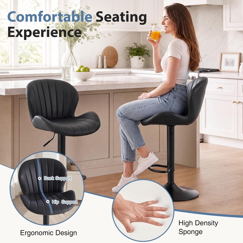 Kelno Swivel Bar Stools Set of 2 Adjustable Height Linen Seat with Backrest 360° Swivel for Kitchen Island, Black