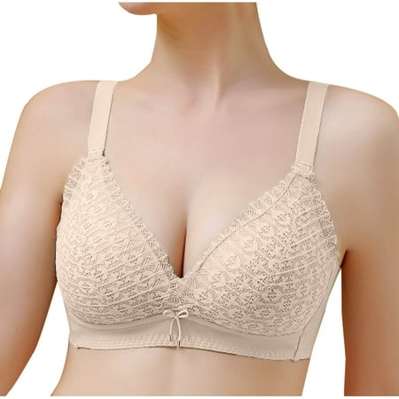 Best Deals of the Week: Full Coverage Bra  Sujetador de cobertura total  Fashion Women Solid Color Steel Rings Lace Pad Gathering Everyday Bras SOPATENOR Beige 2XL