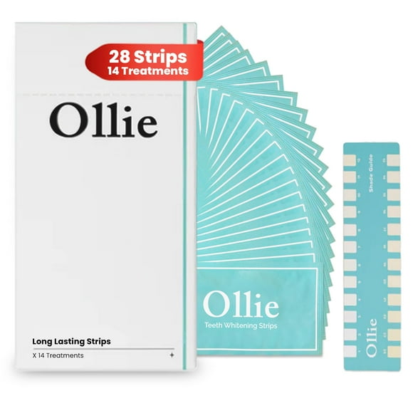 Tiras blanqueadoras de dientes Ollie, 28 unidades, 14 tratamientos con guía