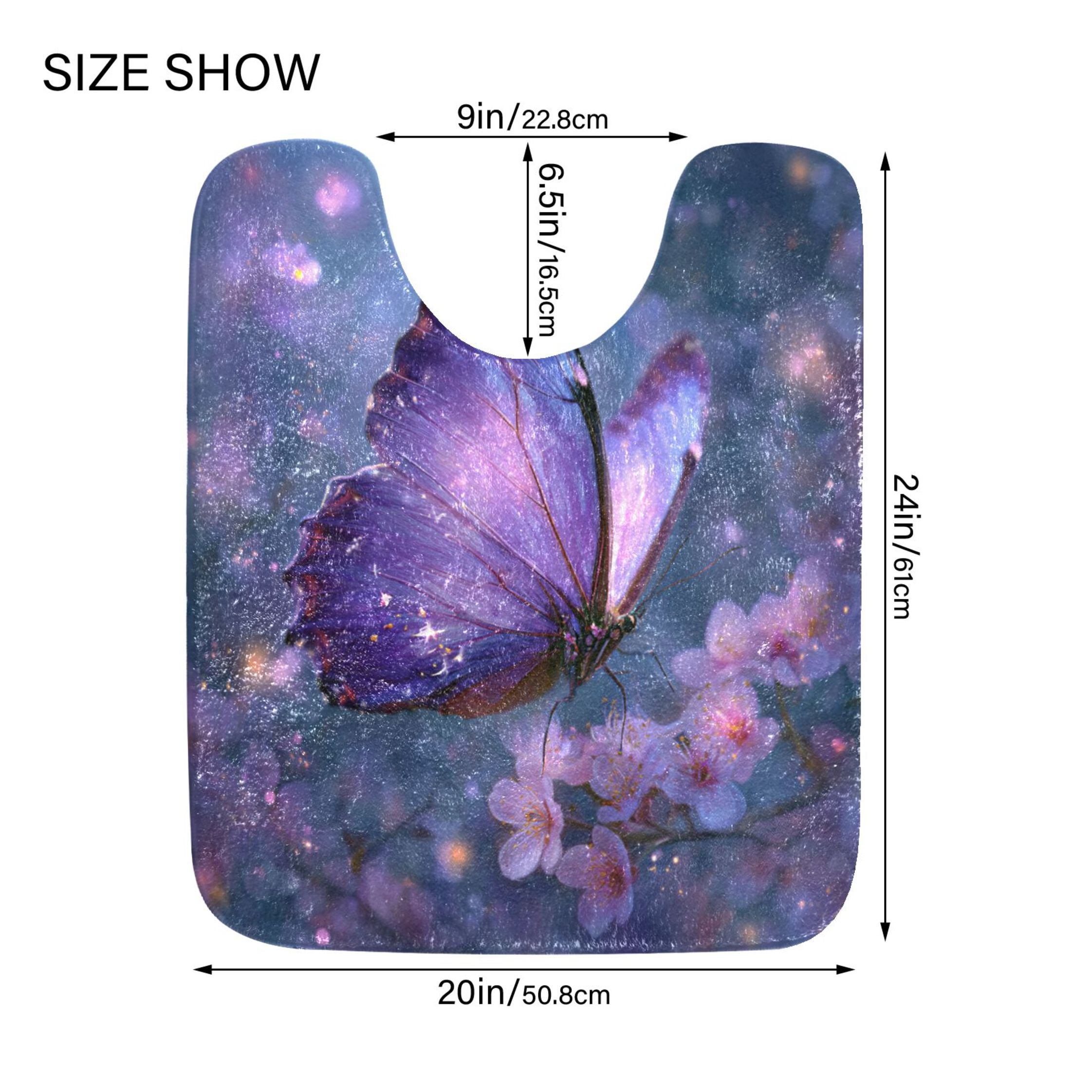 Wobogo Sakura Purple Butterfly U-Shaped Toilet Bath Mat Set Super Soft Absorbent Quick Dry Memory Foam Non Slip Bathroom Rugs for Tub Shower and Single Sink