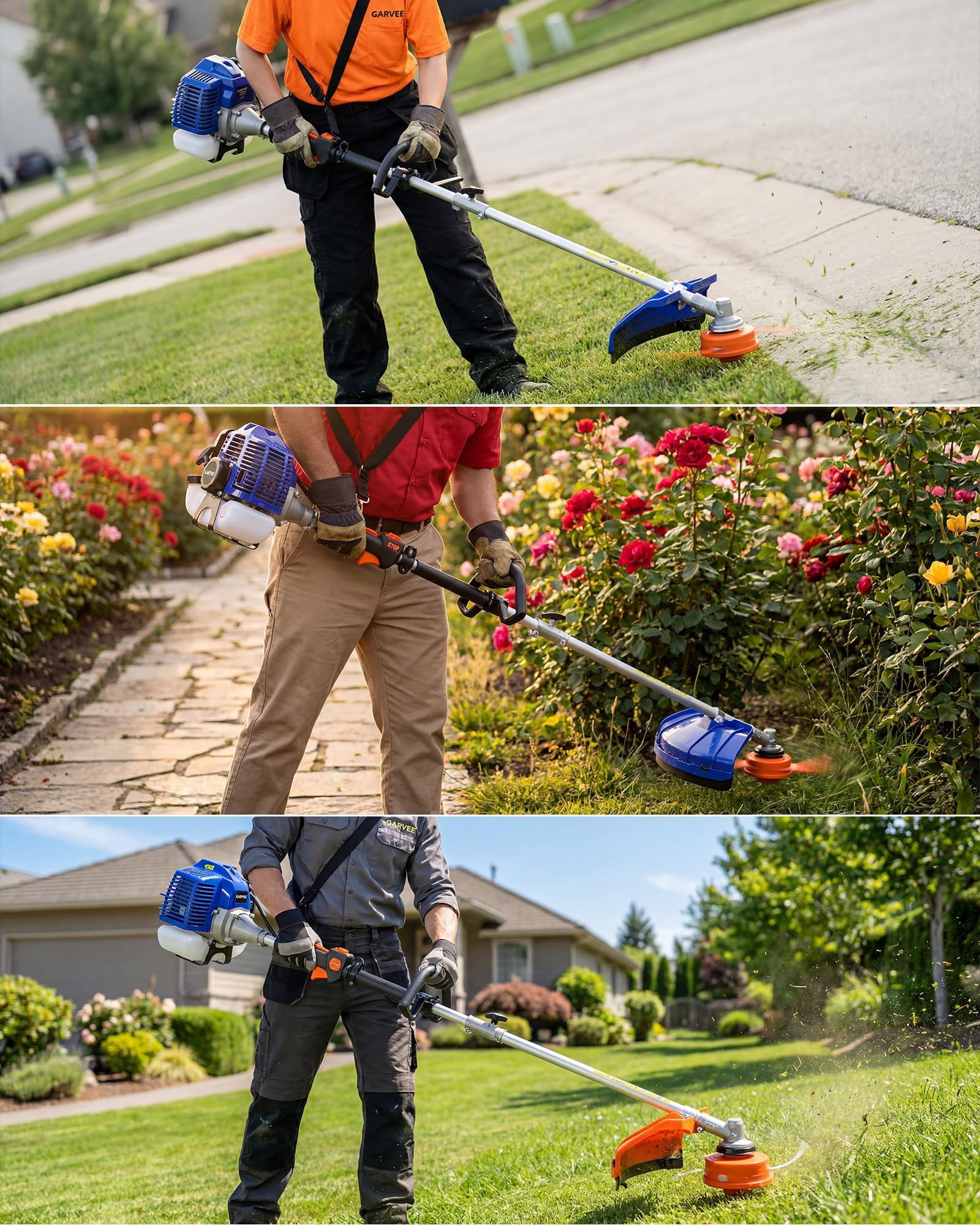 52cc Gas Powered Weed Wacker, 3 in 1 Gas Weed Eater with String Trimmer, 3 Teeth Brush Cutter & 40 Teeth Brush Blade, Shoulder Strap and Anti-Vibration Handle for 17" Cutting Path Lawn Care- Orange