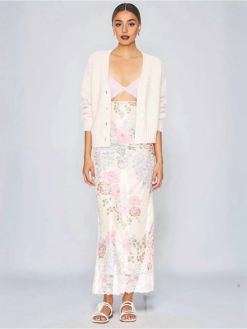 Lace Backless Strap Splicing Floral Long Dress - Pink / M