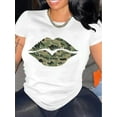thumbnail image 1 of Camo Lips Print Casual T-shirt, Crew Neck Short Sleeve Top For Spring & Summer, Women's Clothing, 1 of 6