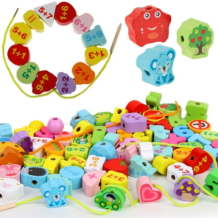 

MTFun 65/106pcs Wooden Lacing Beads Set with Storage Bag Stringing Beads Fine Motor Skills Vegetable Stringing Toy Preschool Educational Threading Game Toy for Kids Age 3+