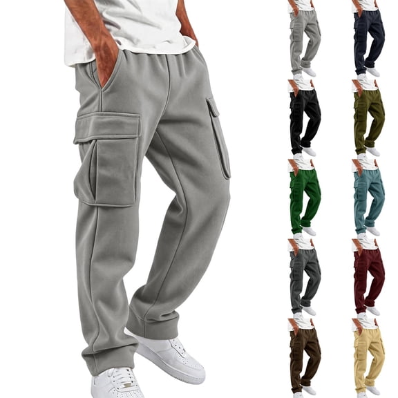 Men's Heavyweight Cargo Sweatpants Fleece Joggers with Pockets Elastic Waist Casual Athletic Lounge Pants Wine M