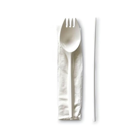 School Cutlery Kit, Napkin/Spork/Straw, White, 1000/Carton