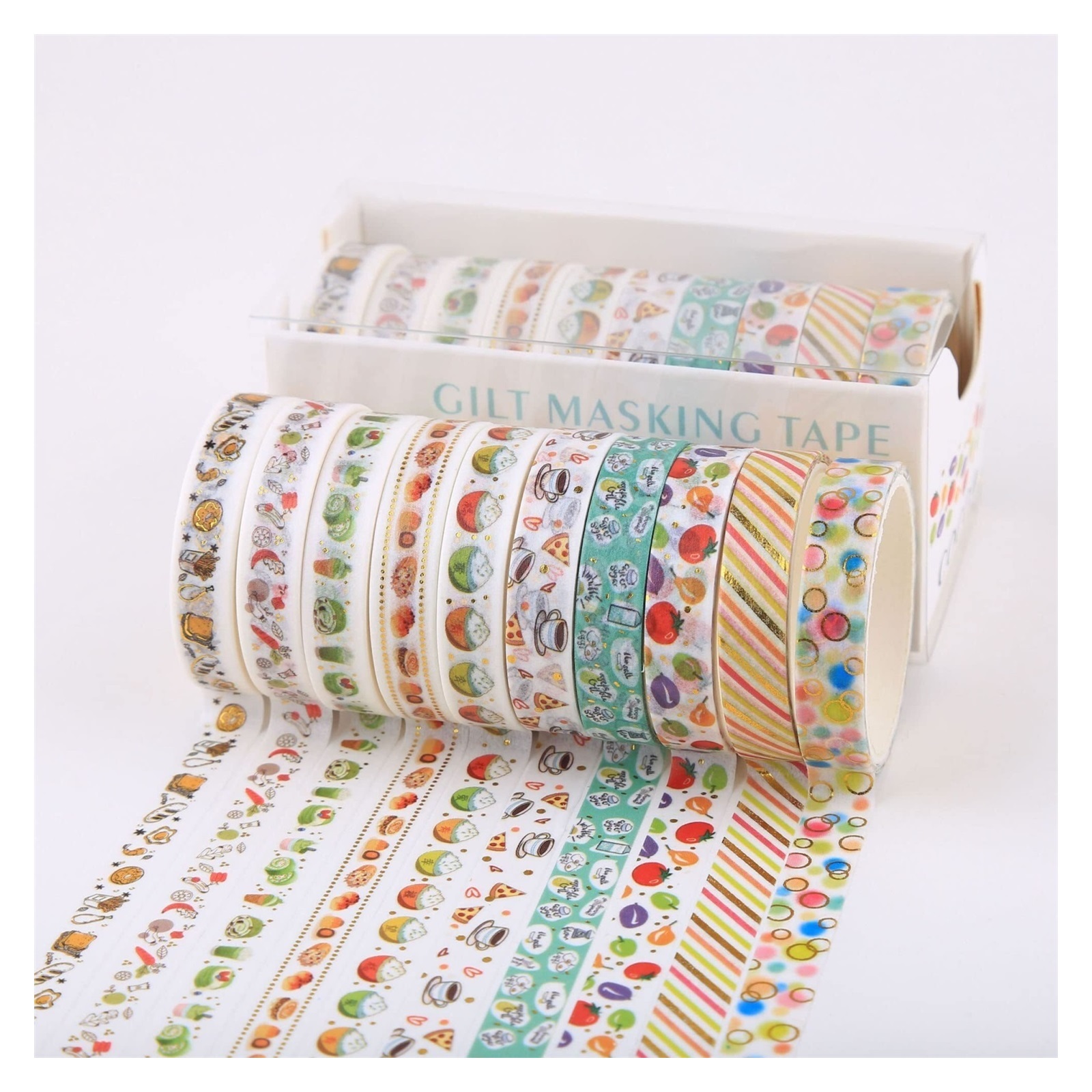 10 Rolls Sparkling Washi Tape Set 8mm Skinny Gold Foil Decorative Masking Washi Tapes for Bullet Journal,Scrapbook, Planner, DIY Crafts (Gourmet Temptation)