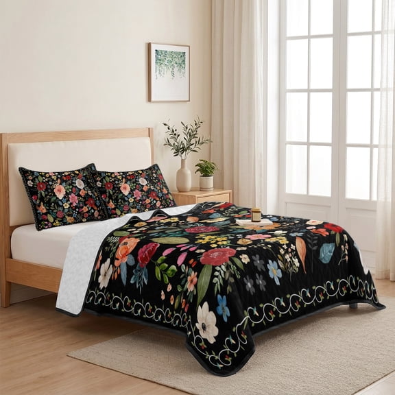 Colorful Flowers Square Queen Size Quilt Set Lightweight Bedspread Coverlet Set, Black Vintage Watercolor Floral Leaves Quilted Bedding Cover with 2 Pillow Shams for All Season Layering 90"x96"