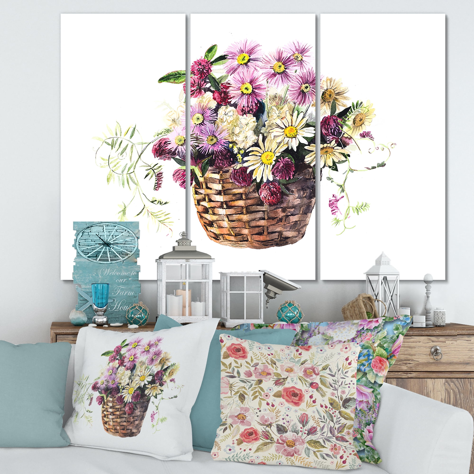 Designart ' The Basket Bouquet From Meadow Flowers ' Traditional Canvas Wall Art Print