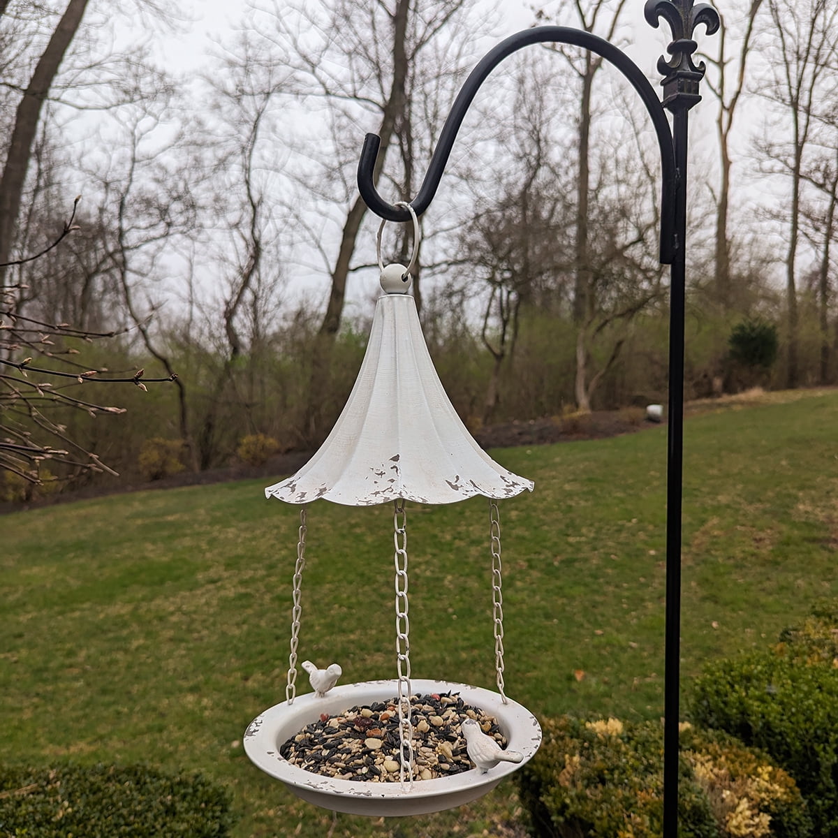 Metal Hanging White Gazebo Wild Bird Bath Feeder Outdoor Seed Tray Patio Yard Art Outside Garden Decor
