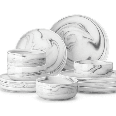 Plates and Bowls Sets, 12 Pieces Porcelain Dinnerware Sets Dishware Sets Chip Resistant Ceramic Dish Set Dining Dinner Ware Service for 4, Marble Grey