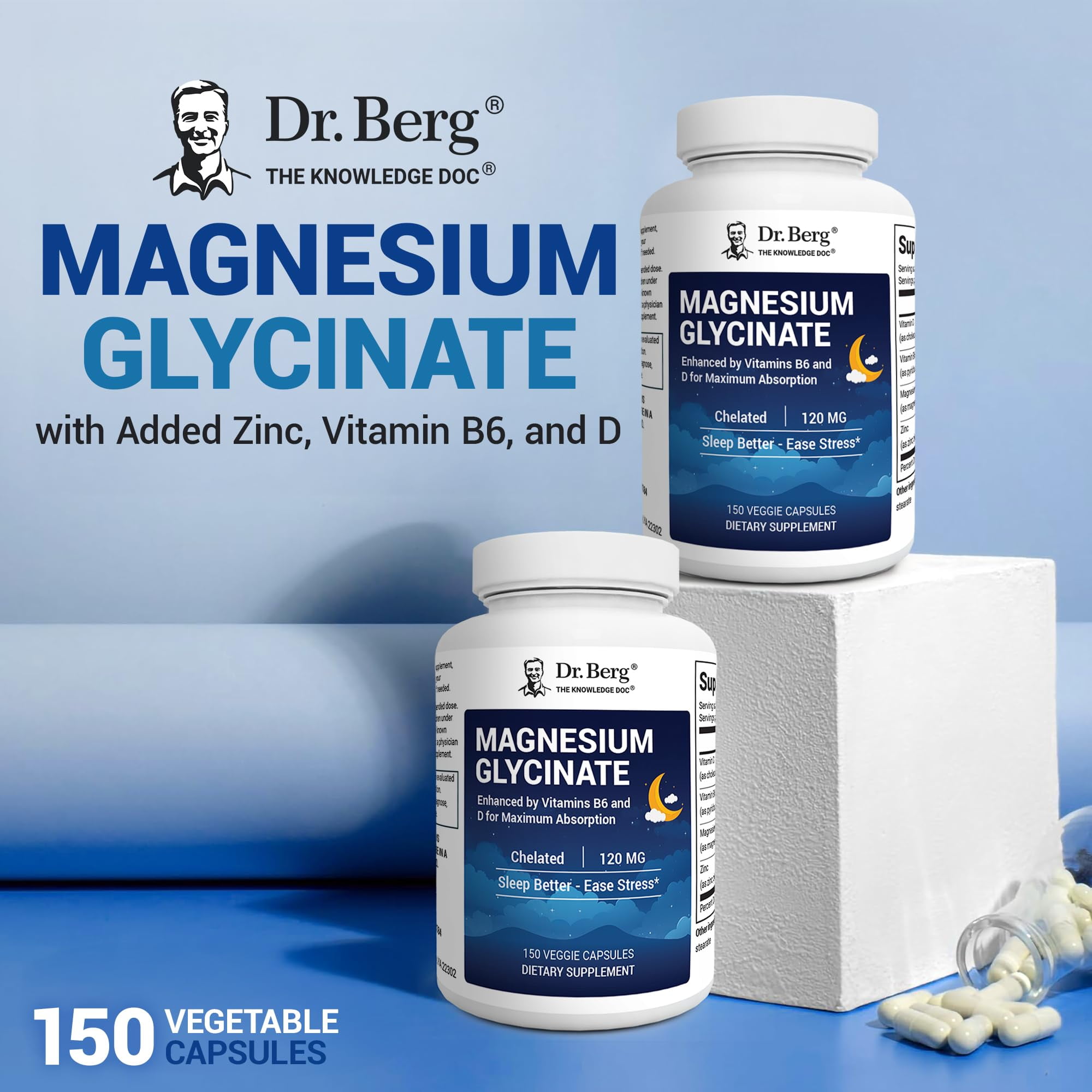 Dr. Berg Magnesium Glycinate 120 mg Chelated Capsules With Zinc, Vitamin D3 & B6, 150 Ct