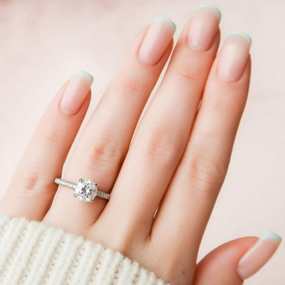 SOLITAIRE JEWELS 1.50CT Round Moissanite Solitaire 3D Pave Setting with Diamond on Prong Engagement Ring Solid 10k White Gold