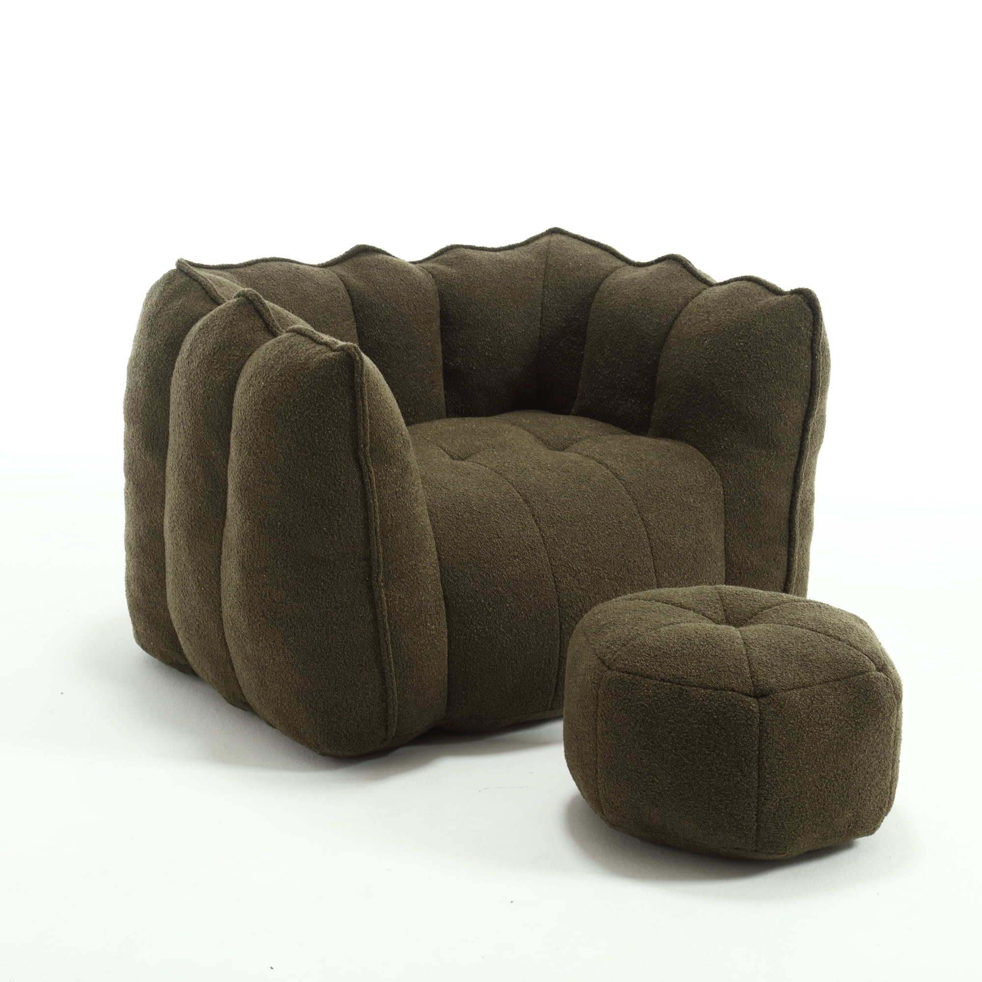 Bean Bag Chair with Footstool, Soft Lightweight Filled Bean Bag Sofa Chair with High Resilient Foam, Chenille Adult Bean Bag Chair with Armrests for Adults to Game, Read, Watch TV, Olive Green