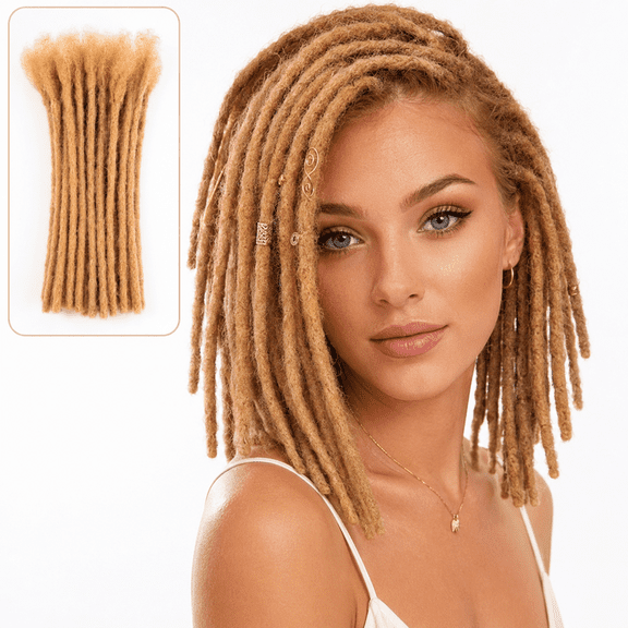 AONKIA Honey Blonde Human Hair Dreadlock Extensions,0.8cm width 10 Inch 30 Roots Loc Extensions Human Hair for Women/Men 27# Color