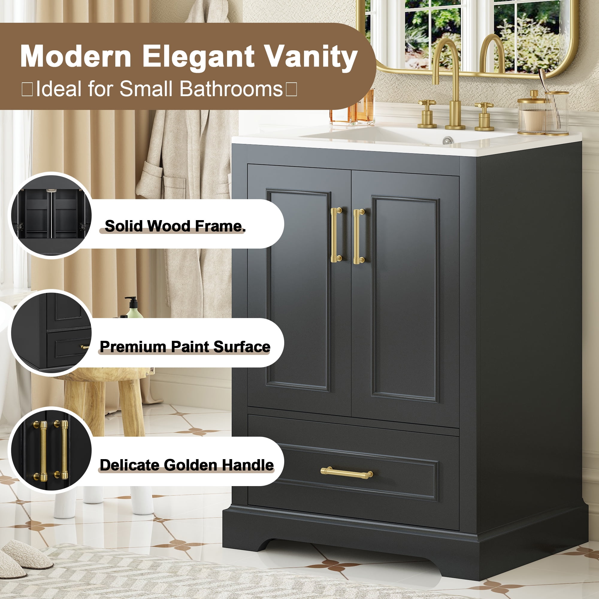 24" Durable Solid Wood Frame Bathroom Vanity with Storage, Modern Minimalist Bathroom Vanity with Ceramic Sink, Freestanding Storage Cabinet with Soft Close Doors for Bathroom Organization, Black
