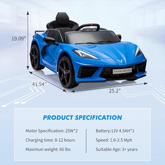 OUYAWEI 12V Ride On Sports Corvette Electric Car Remote Control LED Lights Music Dark Blue Boys Girls