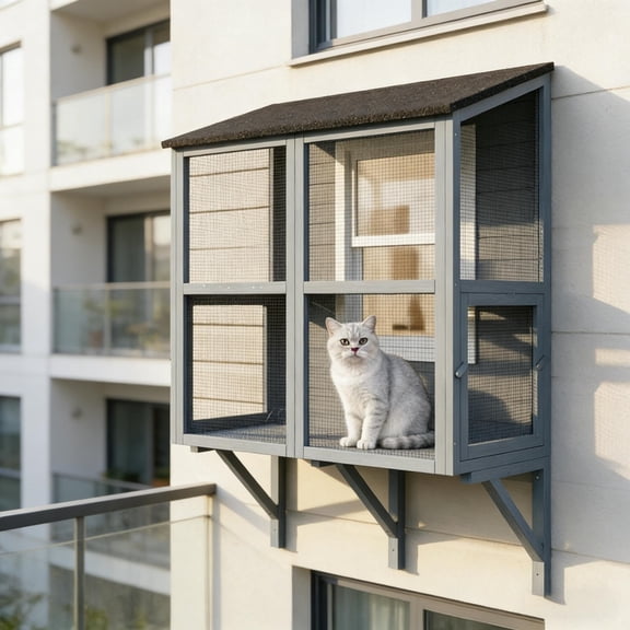 Wall-Mounted Catio Cat Enclosure 2-Tier Large Outdoor Cat House with Waterproof Roof & Secure Mesh Window Cat Perch for 1‑2 Cats Gray Wooden Cat Patio