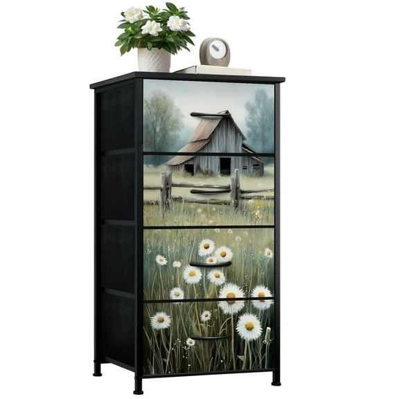 Dresser for Bedroom with 4 Storage Drawers Farmhouse Dandelion Rustic Flower Barn Wooden Fence Dandelions Grass Dressers Chest of Drawers Steel Framed Fabric Closet Organizers for Entryway