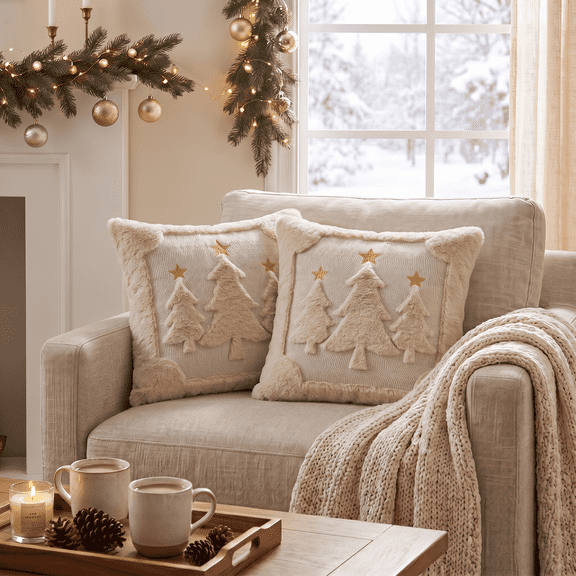 Sm:)e Beige Christmas Tree Star Faux Fur Embroidered Plush Pillow Covers 18x18 Inch Set of 2, Cushion Covers for Sofa Home Decor