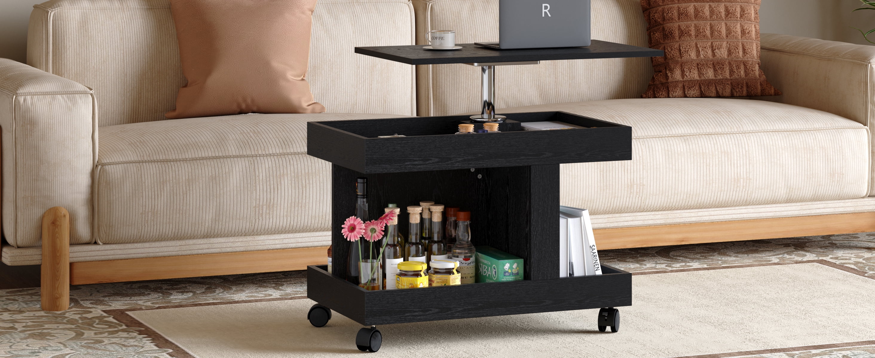 Small Coffee Table with Wheels, 360° Rotating Desktop Multi-Functional Side Table, Rolling End Table with Storage Compartment, Mobile Bedside Table for Living Room Bedroom Home Furniture, Black