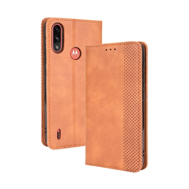 Compatible with Motorola Moto E7i Power Case Magnetic Closure Vintage Pattern PU Leather Wallet Cover with Card Slots-Brown