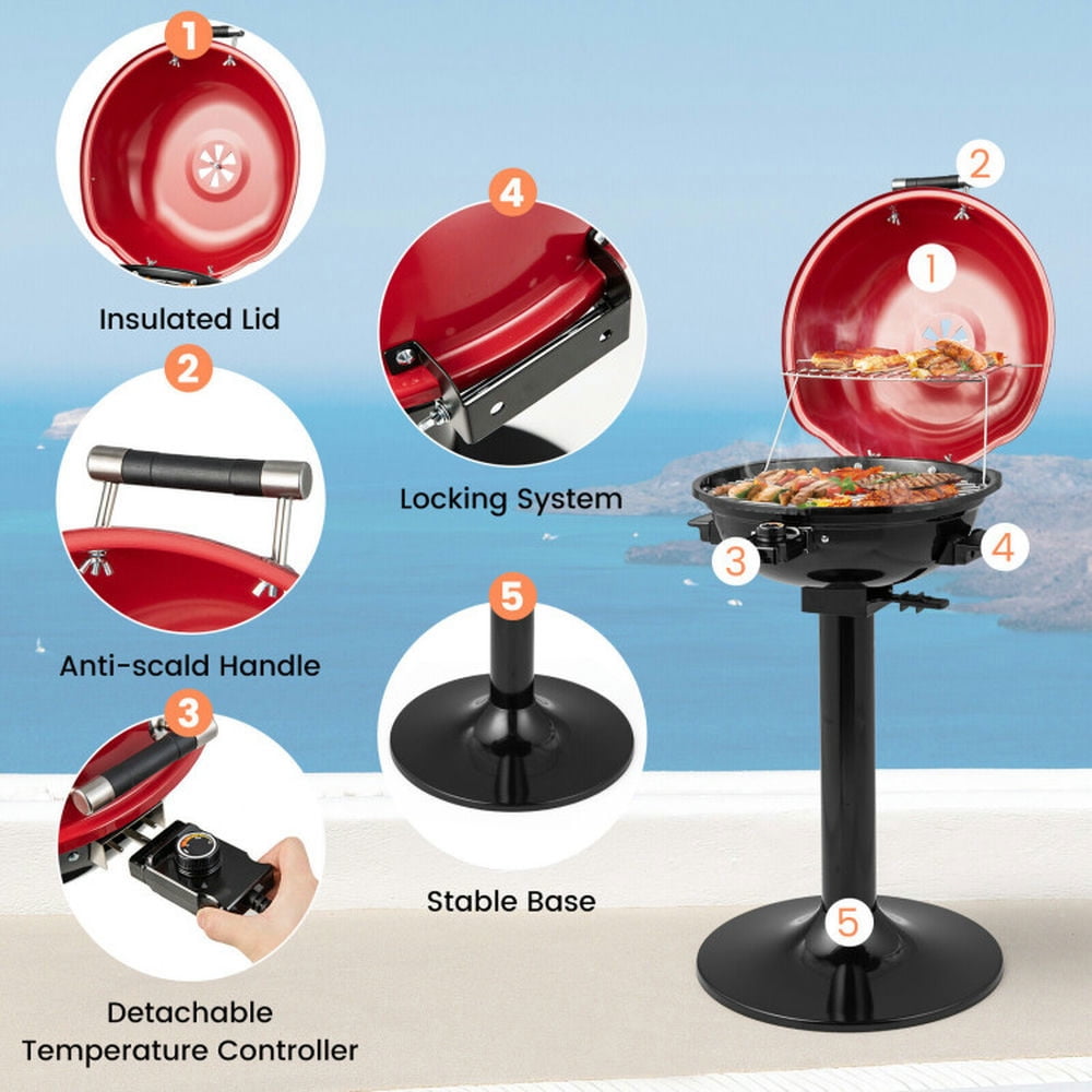 Kadyn Camping Grill with Adjustable Temperature, 1600W Electric BBQ Grill with Removable Non-Stick Warming Rack-Red