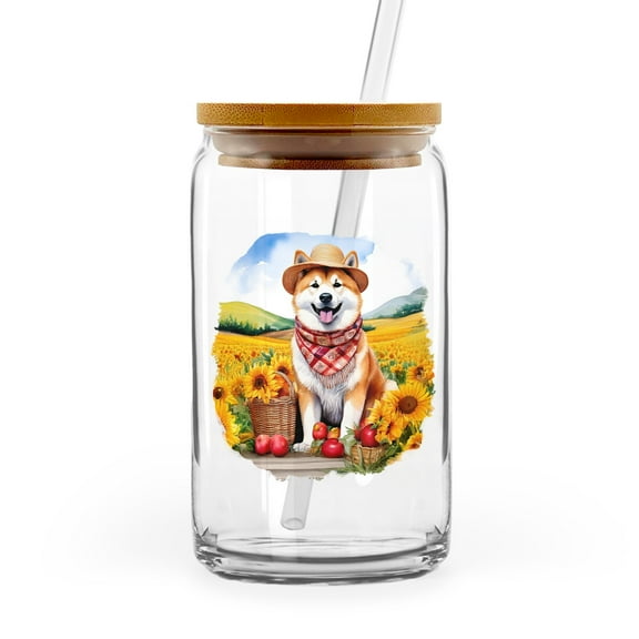 Vintage Akita Says Hello Mother's Day Summer Sunflower Field 16oz Glass Cup Mug Inu Dog Lover Glass Can with Bamboo Lid and Straw - 12005