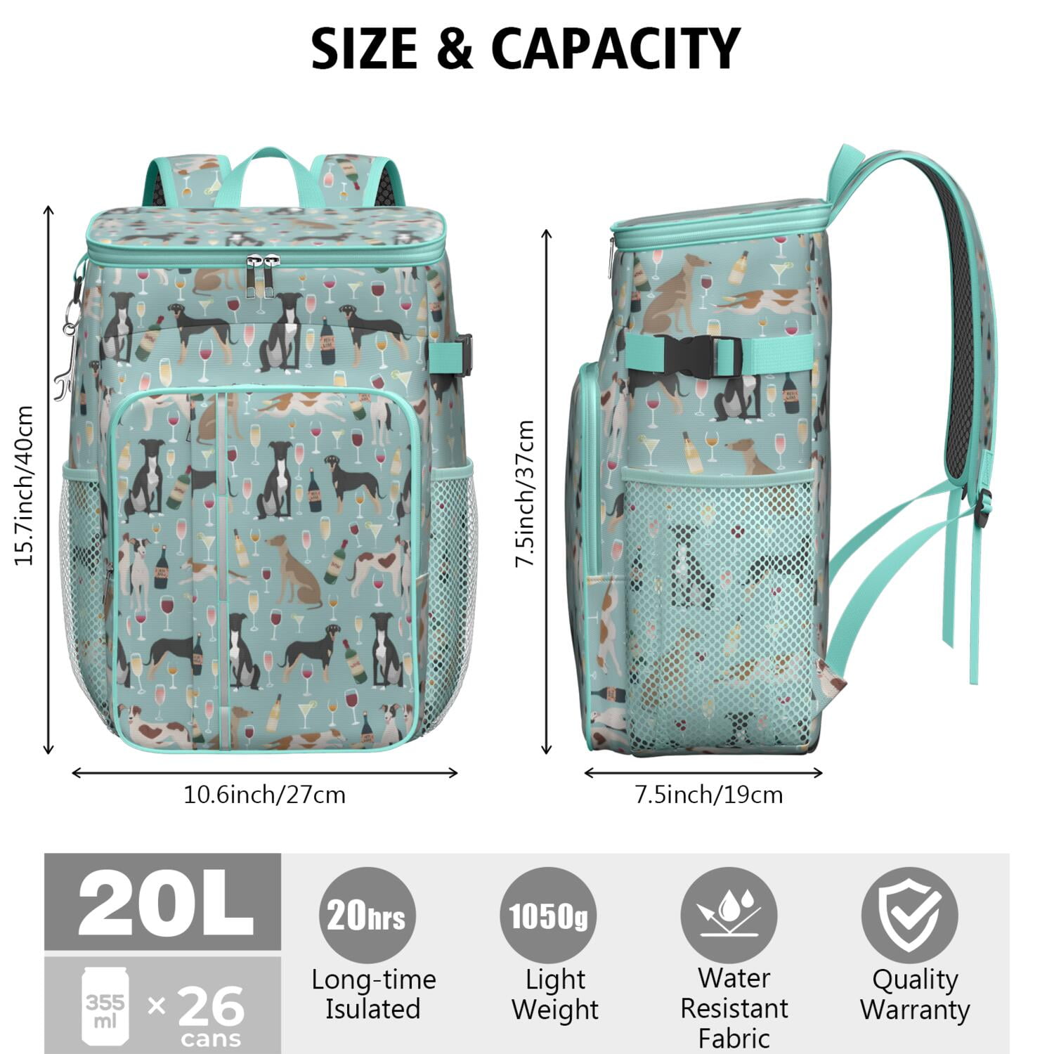 Travel Cooler Bag - Dogs with Wine and Glasses Camping Beer Cooler Backpack with Bottle Opener- Waterproof Insulated Picnic Backpacks - Cooler Bag for Beach